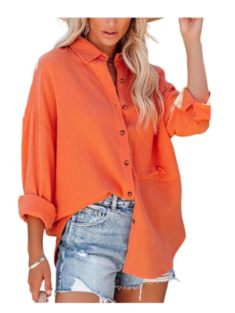 Women’s ORANGE Casual Oversized Button Down Shirt